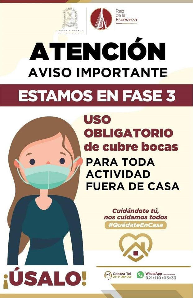 coatzagob's tweet photo. #FASE3 #Coatzacoalcos #NoTeContagies ⚕

En Coatzacoalcos estamos en SEMÁFORO ROJO, por lo que el uso del cubrebocas es OBLIGATORIO para realizar cualquier actividad fuera de tu hogar.Cara con máscara médicaMicrobio⬇ https://t.co/RFIRHi8CpE