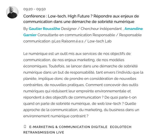 Faire le pont entre le @lowtechlab et la #communication #responsable ? Fait !👌

RDV à <a href="/GENumerique/">Grand Est Numérique</a>, demain, 9h20 pour un échange avec @AsWalterRobin 

#lowtech, #highfuture ? Répondre aux enjeux de #communication dans une démarche de #sobriété #numerique 

ping <a href="/lesraisonnees/">Les Raisonné·e·s</a>