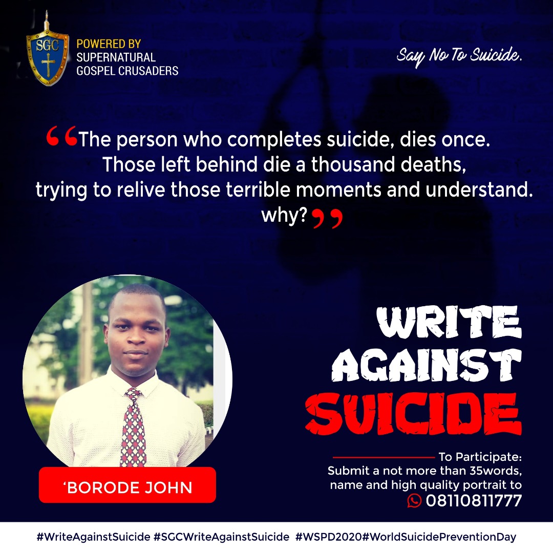 de_journ001's tweet photo. #WriteAgainstSuicide #SGCWriteAgainstSuicide #WSPD2020 #SayNoToSuicide
@sgcministry https://t.co/x5E1HdbXb9
