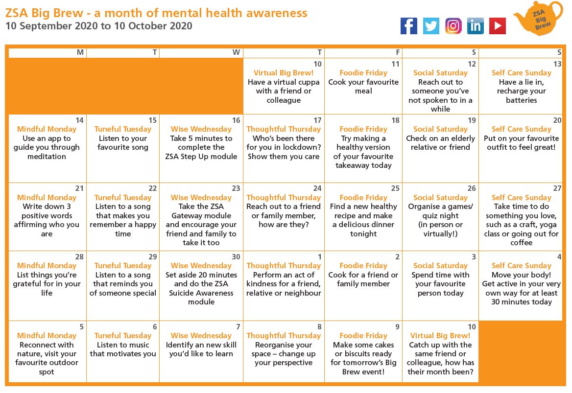 Zer0Suicide's tweet photo. As part of tomorrow's #WorldSuicidePreventionDay we're launching a month of mental health awareness. This calendar includes 31 days of self care activities 💛

Keep a look out for further updates tomorrow and across the month 💛  #ZSA #SuicidePrevention #SuicideAwareness https://t.co/zttcMKuwJs