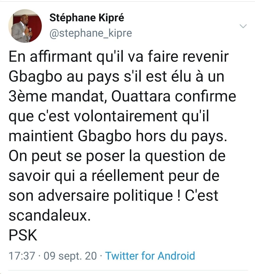 SergesA1's tweet photo. #CIV225 

@AOuattara_PRCI confirme qu'il maintient volontairement le président Laurent Gbagbo hors de la #CIV225 pour éviter de l'affronter démocratiquement https://t.co/zZfd12HRTg