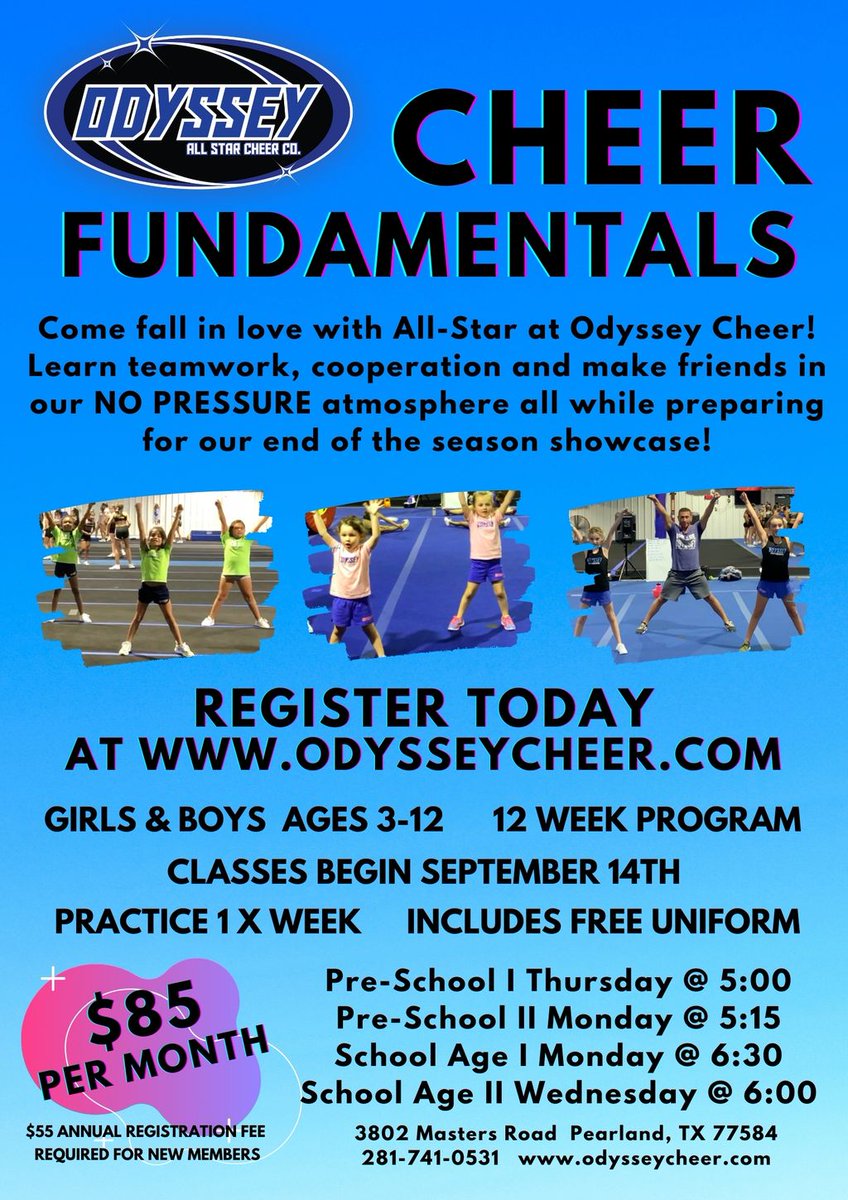 Odyssey Cheer is now registering for Cheer Fundamentals, a class-based course! This new, low cost, less intensive program introduces cheer in a FUN way to athletes who have never been a part of All-Star but are curious as to what it’s all about.