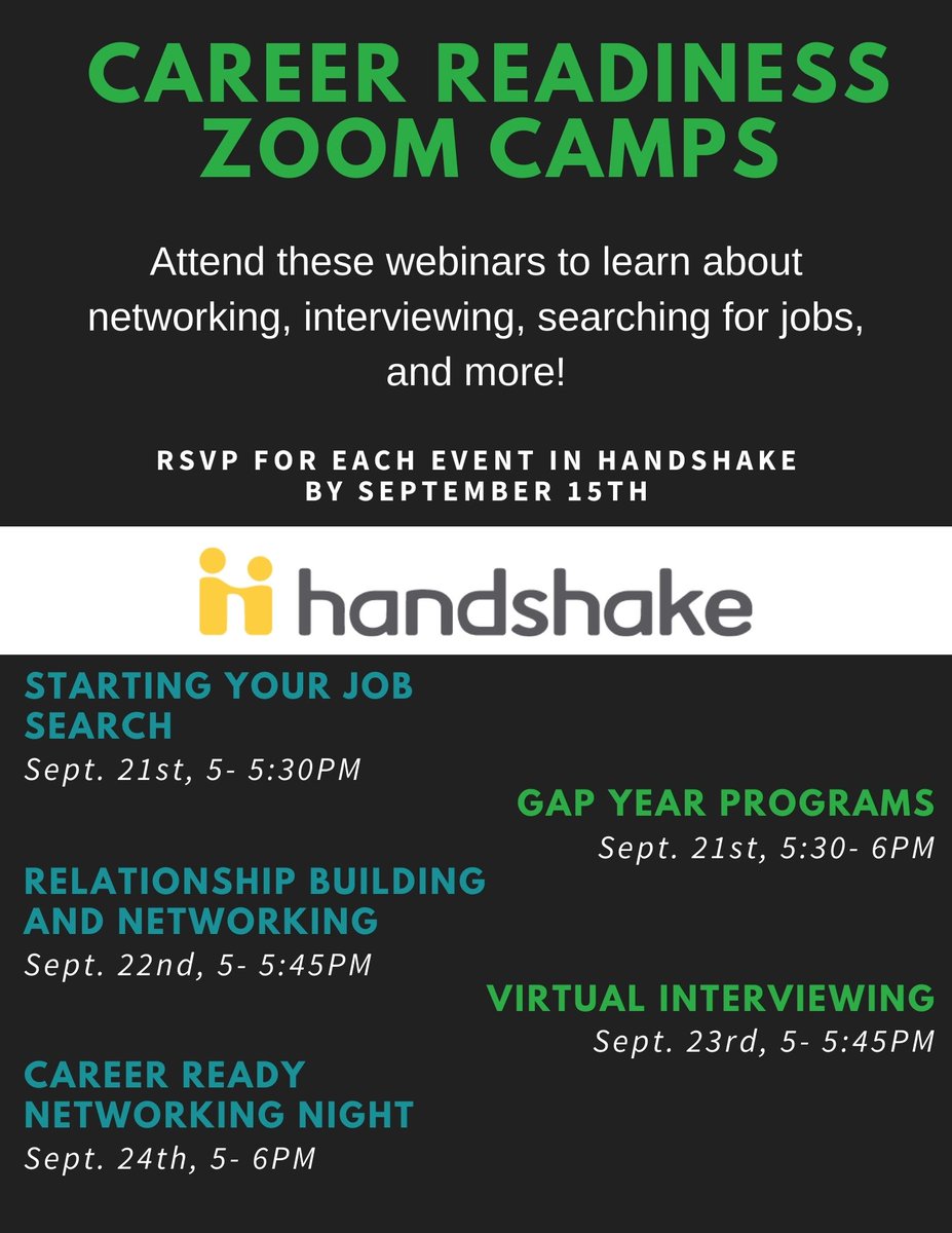ArcadiaOCE's tweet photo. Attn SENIORS (Class of 2021)!  Already feeling nervous about securing a #job before graduation?  Join our Career Readiness Zoom Camp (9/21-24) &amp; hear from Employers about networking, virtual interviewing, searching for jobs, and more!  RSVP - https://t.co/C7PiDBcwb4 https://t.co/KJZZkyg64h