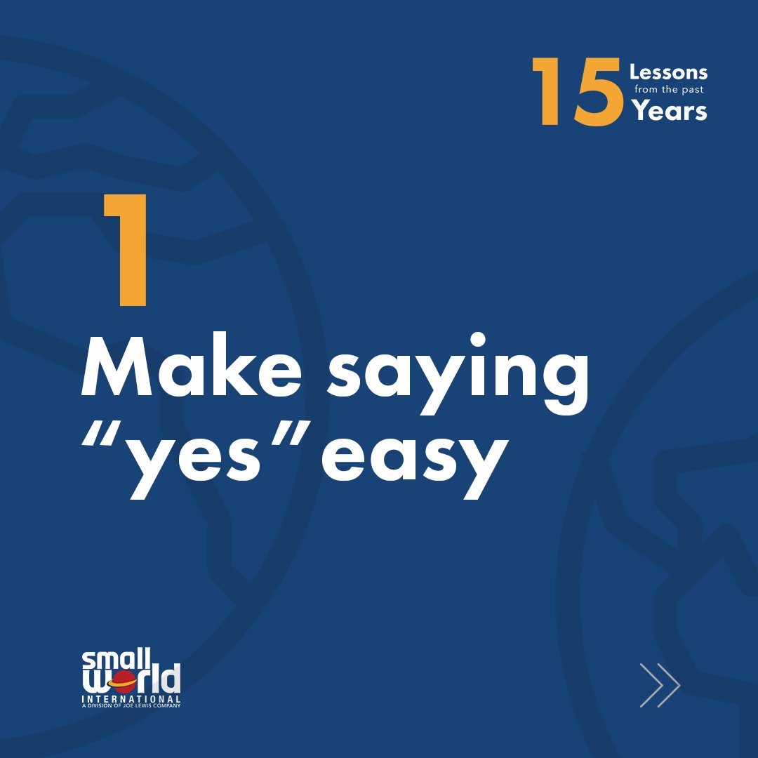 SmallWorldIntl's tweet photo. In celebration of Small World's 15th year anniversary, our founder Tim Crescenti will share fifteen lessons he's learned in the last fifteen years of business in the formats industry. Over the next few months look out for a new lesson each week.

Lesson 1: Make Saying "Yes" Easy https://t.co/t79EmDyY1L