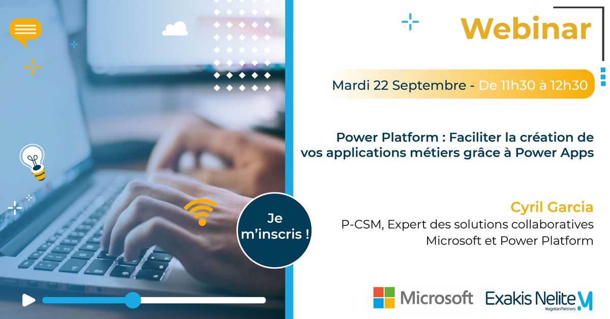 EXAKIS_NELITE's tweet photo. [WEBINAR] 💻 22/09 – Envie de #moderniser et d’#automatiser votre quotidien au sein de votre entreprise ? Participez à notre Webinar dédié à la #PowerPlatform ! #PowerApps #PowerAutomate 
➡ https://t.co/gu1QrEZrl3 https://t.co/Y2Wg0M0Nzh