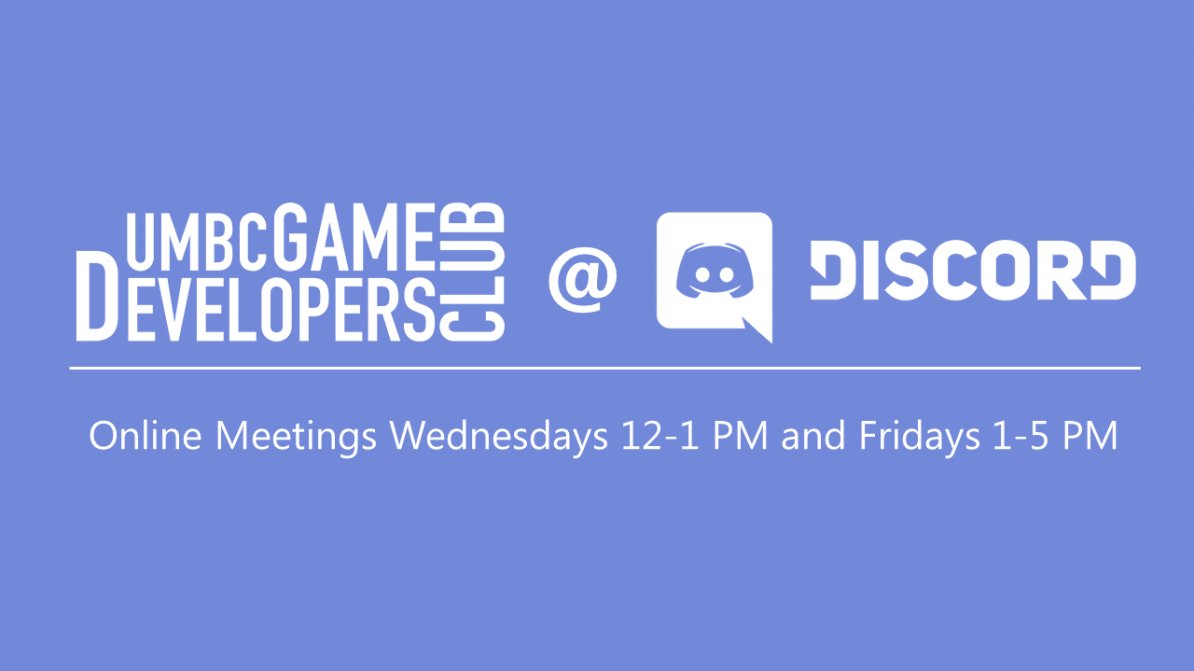 umbcGameDev's tweet photo. Come to our First meeting this Friday(9/11) 1-5pm via Discord!

-Welcome new members
-Talk about the club and  upcoming events
-Play some games!
-Raffles for prizes including discord nitro and steam game codes!

We can't wait to see all the new faces, and welcome everyone back! https://t.co/xuh8oGcrvD