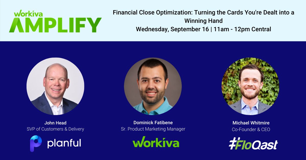 Planful's tweet image. Haven't registered for #WorkivaAmplify yet? It's not too late to join us next week!  Meet with Planful virtually and don't miss our speaking session featuring @FloQast and @Workiva.  Save your seat: ow.ly/8VjF50BjqDI