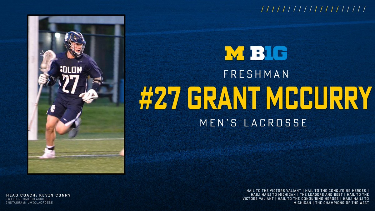 UMichLacrosse's tweet photo. From Solon High School in Solon, Ohio, a ⭐⭐⭐⭐-star recruit, Grant McCurry. He will wear No. 27, previously worn by Doug Bryant, Sean McCanna, and Luke Summers.

#GoBlue〽 https://t.co/BUyIvj7qZs