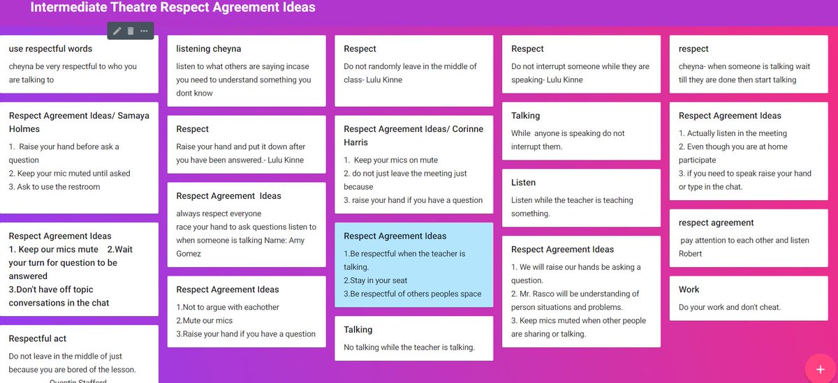 MPVATheatre's tweet photo. Our students are using Padlet to create our classroom respect agreements! #HISDatHome #ReconnectSafely #ReturnStrong @MeyerlandMS @AudenSarabia https://t.co/8T16rrvKQn
