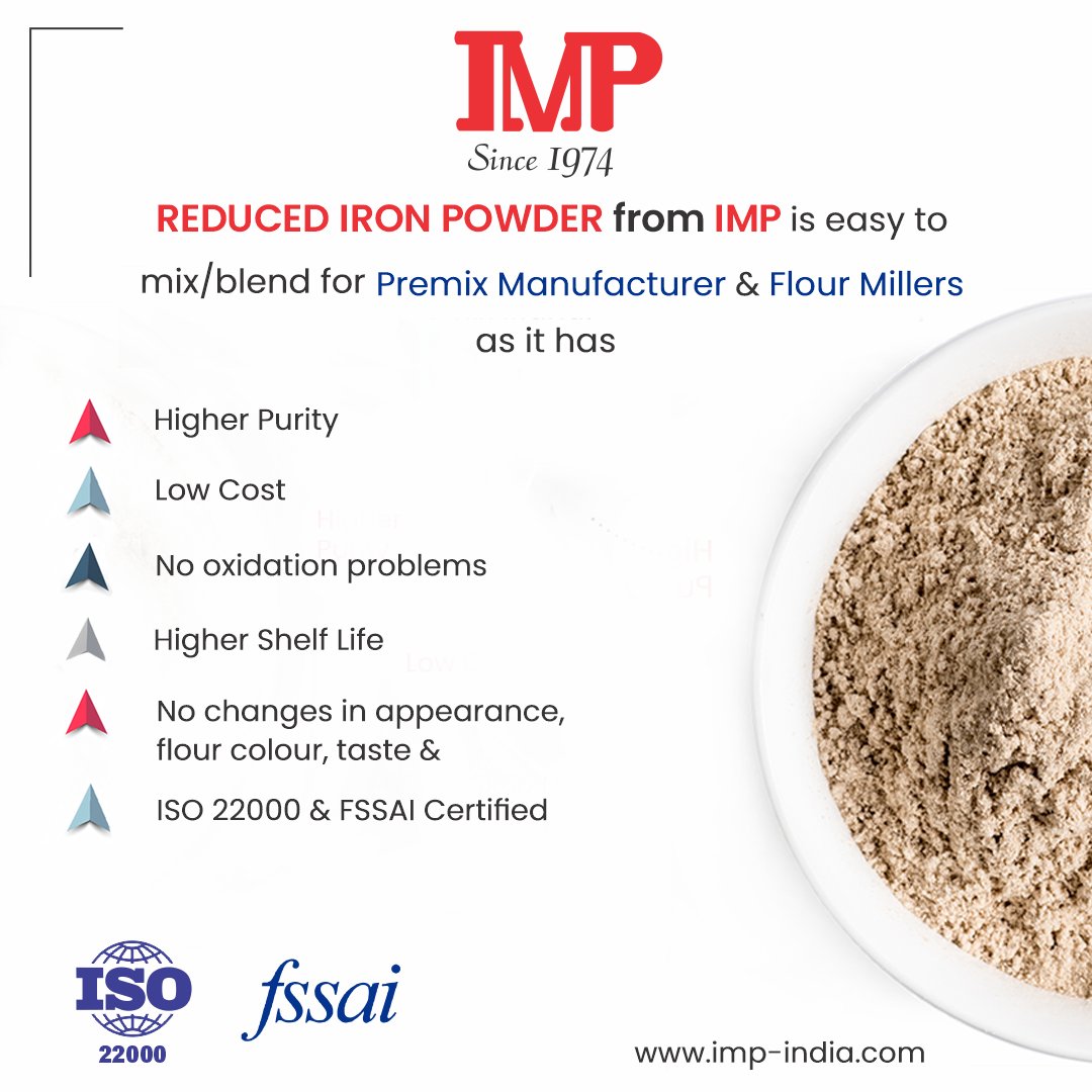 PowdersMetal's tweet image. imp-india.com

#IMP #IMPIndia #ReducedIronPowder #FoodGradeIron #FoodFortification #IronFortification #HighPurityIron #Economical #ISOCertification #ISO22000 #FSSAI