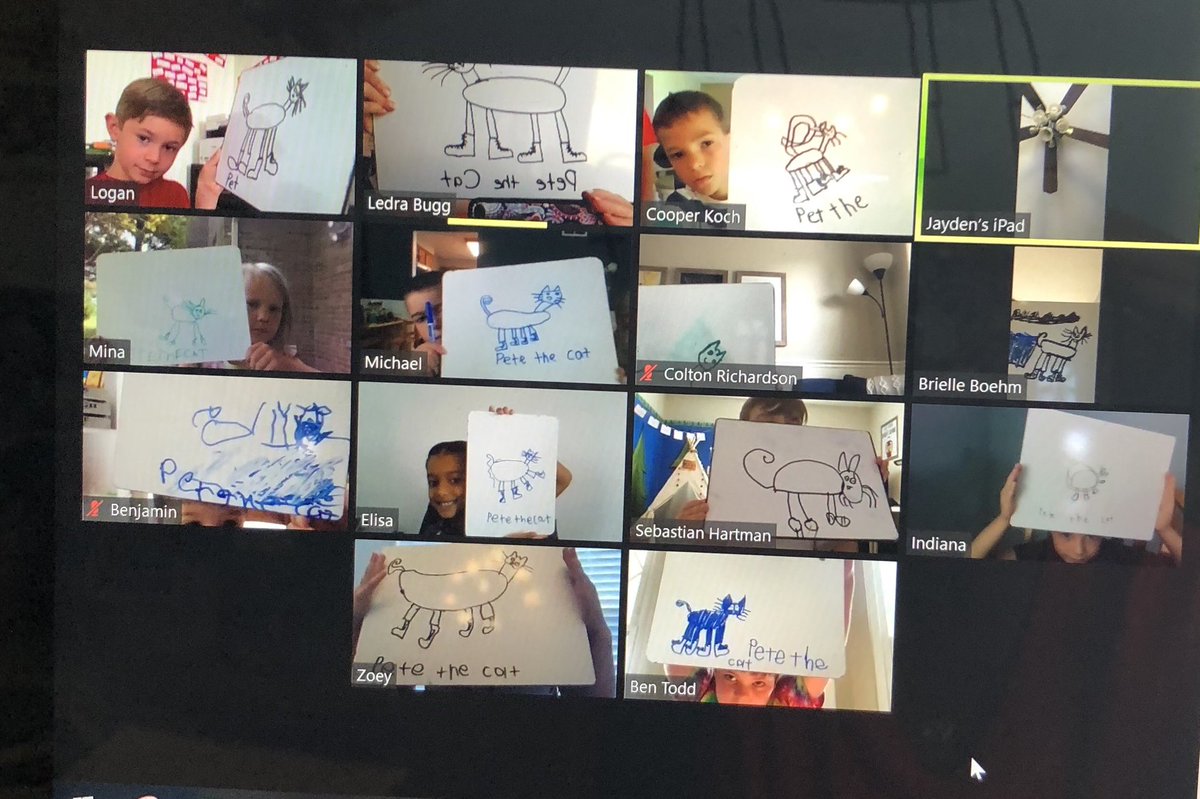 buggville's tweet photo. Buggville had SO much fun singing along with Pete the Cat! We even used our dry erase boards to sketch Pete!  #classzoom @LibertyECS #wearelakota @LakotaVirtual  @thepetethecat https://t.co/0WaRHR4Z5D