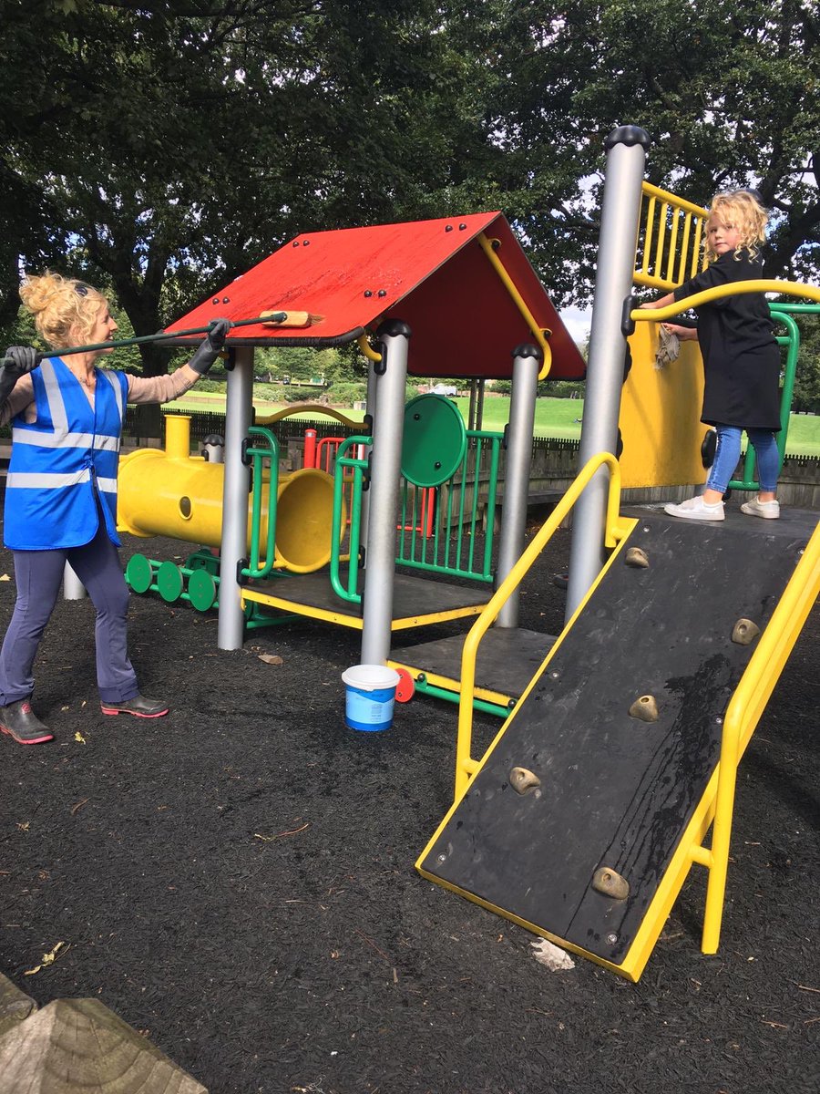 Not that long ago, Friends of Greenhead Park and Kirklees Council funded the installation of this fabulous play train. Here we are, along with Annabelle, a very keen assistant, giving it a good clean. 🧽 <a href="/KirkleesCouncil/">Kirklees Council</a>