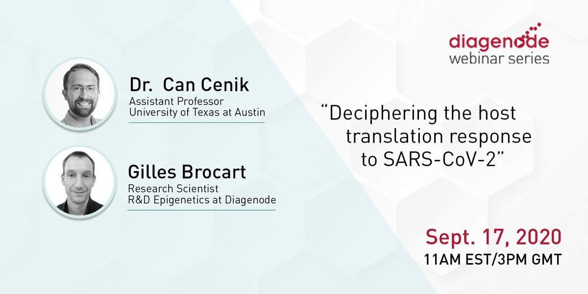 Diagenode's tweet photo. Attend our webinar “Deciphering the host translation response to SARS-CoV-2 “ on September 17,  2020  at 11AM EST to learn from Dr. Can Cenik, Assistant Professor at the University of Texas at Austin. 
Register here: https://t.co/8iFZWTReg8 https://t.co/kFbWJrQSl6