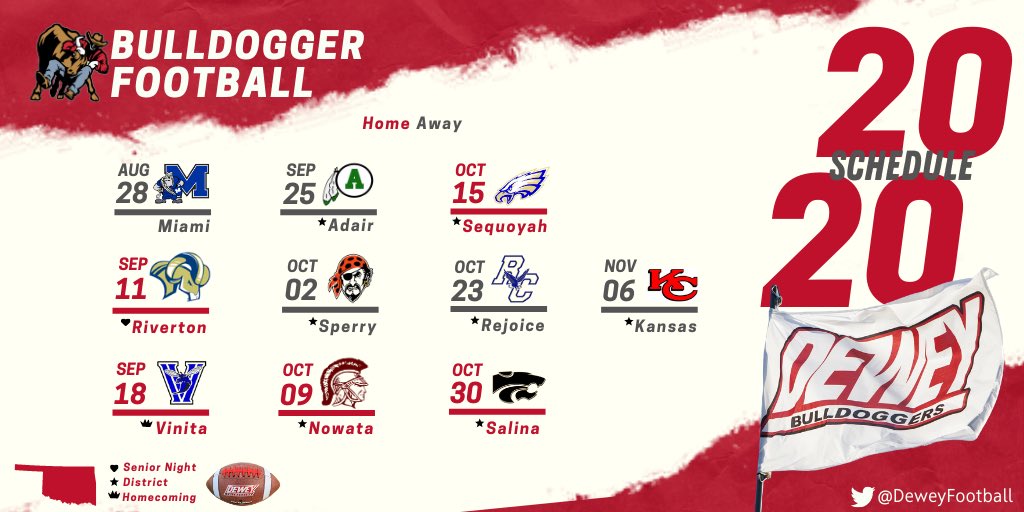 DeweyHigh's tweet photo. Updated football schedule to reflect the game we picked up this week! It will be SENIOR NIGHT for band, cheer, XC, and football. Festivities begin at 6:25 p.m. #deweyhs #deweyps https://t.co/M2dwuazS9m