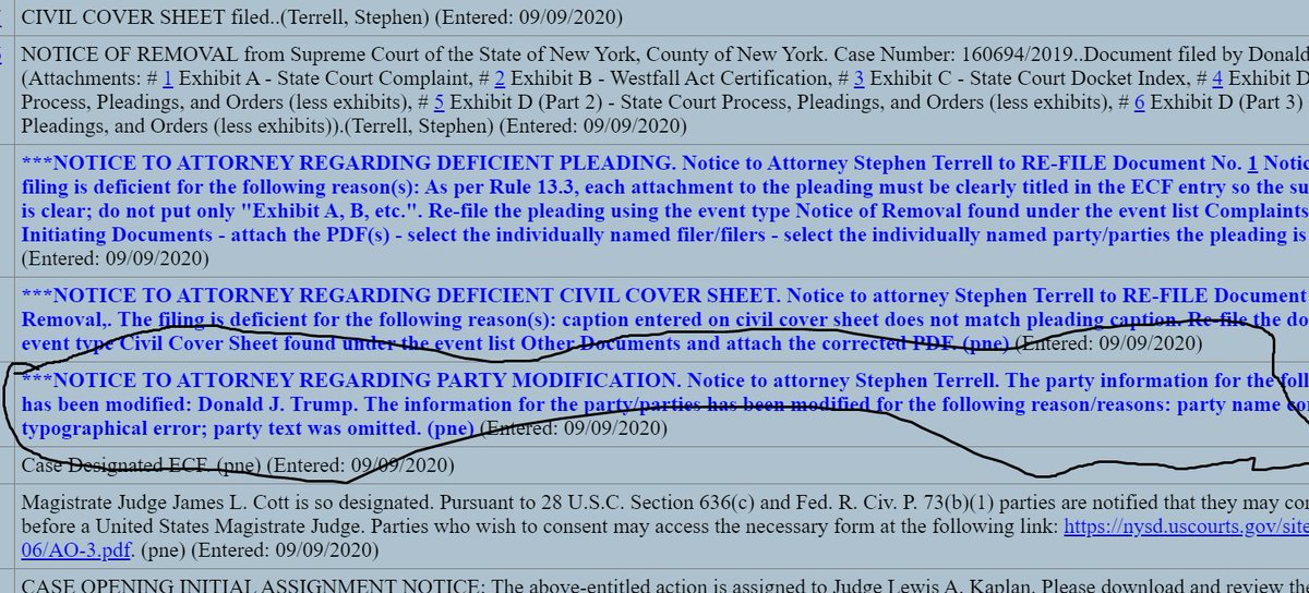 So it seems like the DOJ lawyer who filed the removal papers subbed in USA as the defendant in place of Trump. Then the judge, unhappy, changed it and chided him for it.