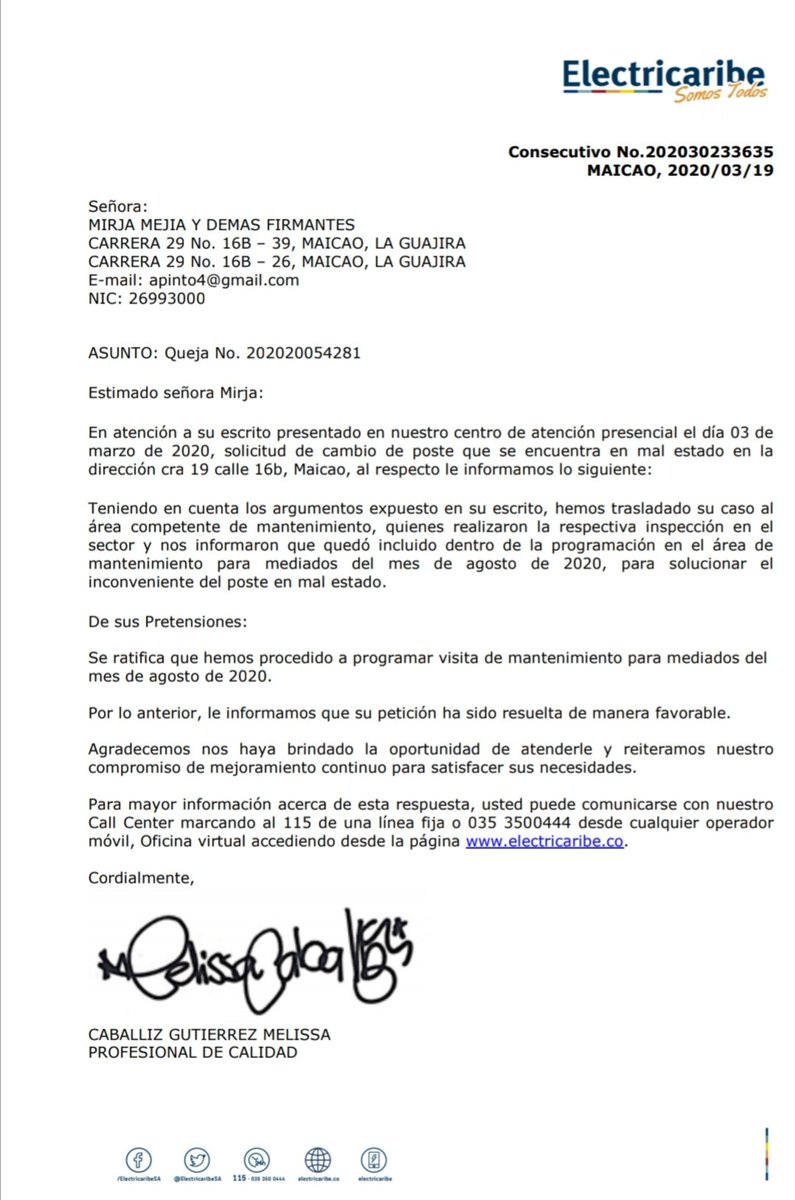 albarpinto's tweet photo. Desde Marzo recibimos comunicado queja 202020054281 de @ElectricaribeSA que en el mes de agosto solucionaban inconveniente con poste de energía eléctrica. Es septiembre y el poste a punto de caer y la empresa no ha hecho NADA @Superservicios #Maicao https://t.co/6ECSzAi0yL