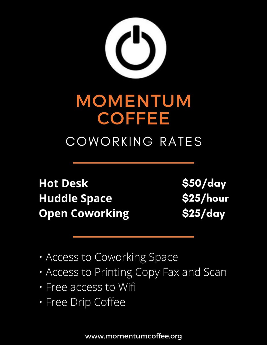Ignitespaces's tweet photo. Momentum Coffee & Coworking will soon open our Coworking/Remote working area. A great place to do your business & enjoy a cup of coffee. For more details, you may reach us at 312-285-2808 or visit https://t.co/L4Tha8dYZ4
#ignitespaces #keepthemomentum #momentumcoffeeandcoworking https://t.co/ZXwJAAC282
