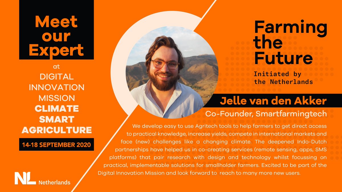 NLinIndia's tweet photo. Meet our expert on agri-tech @JelleAkker from @SmartFarming_  joining us at Digital Innovation Mission -Climate Smart Agriculture

@SmartFarming_ is keen to collaborate 🇳🇱 agri-tech expertise with 🇮🇳 partners to co-create sustainable solutions. Register➡️ https://t.co/AETFQBMuH9 https://t.co/vRId1LOAbL