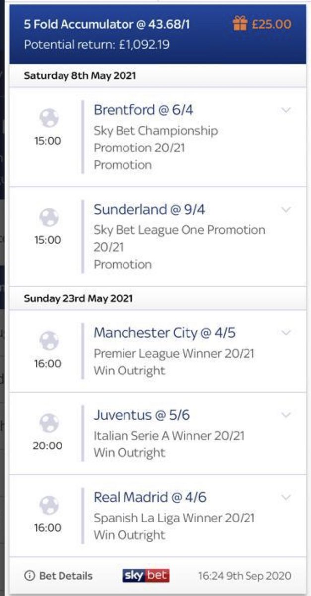 MKTips4's tweet photo. One of our followers has sent us a DM showing his faith in us by using his £25 free bet from SkyBet to jump on our season outright! #TeamMK #Outright #FootballBetting #BookieBashers https://t.co/ZvGjLOYAAb