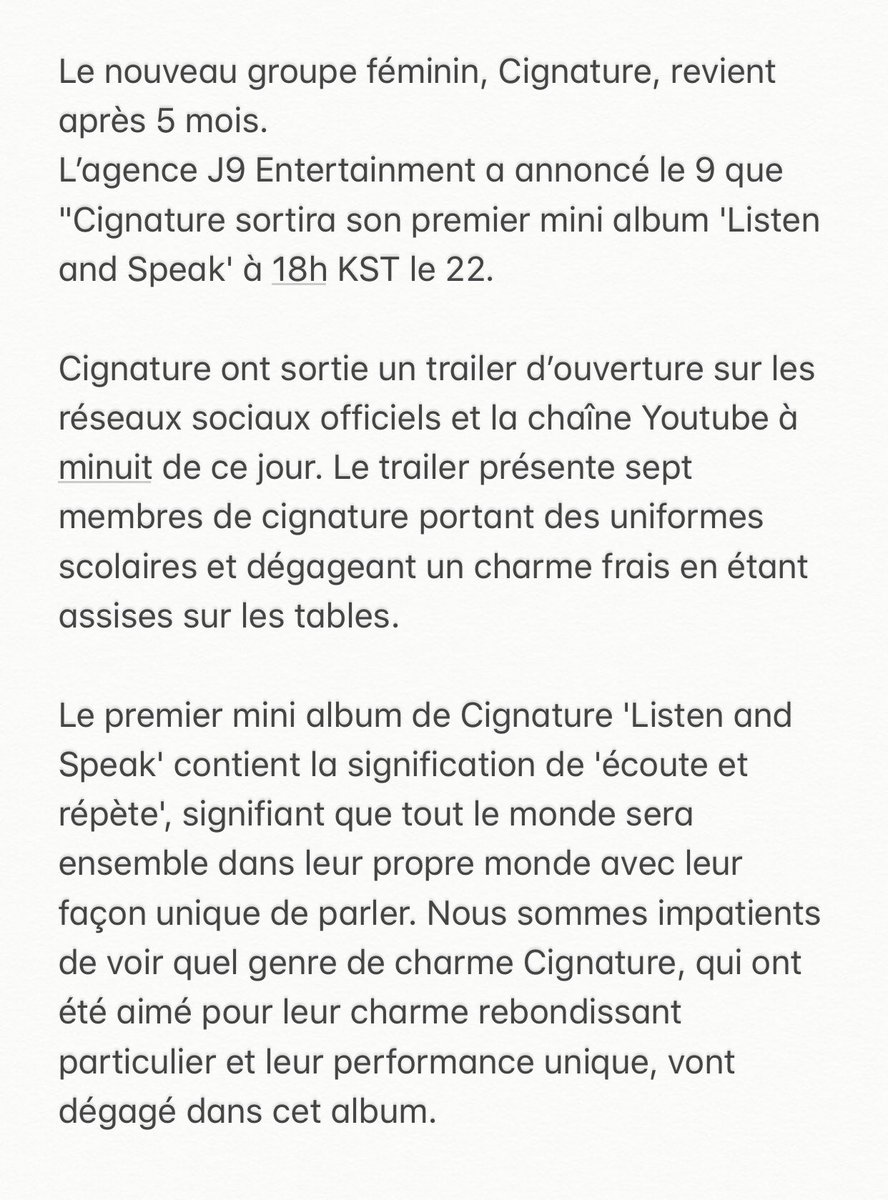 cignature_fr's tweet photo. 📝| 08.09.20 ー ARTICLE

↳ (#CIGNATURE)

"Comeback après 5 mois, Cignature vont sortir leur premier mini album 'Listen and Speak' le 22 [Officiel]"
_____
https://t.co/HMkHV2FRws
🇬🇧CignatureGL
🇫🇷cignature_fr #Ali
#Cignature #시그니처 https://t.co/jgjJUwagyD