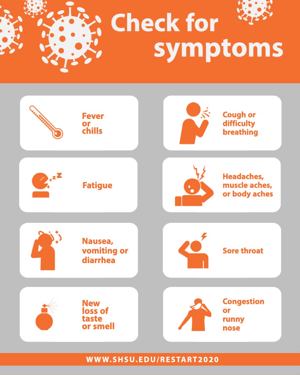 SamHoustonState's tweet photo. Check for symptoms every day before coming to campus! If you feel sick, contact your doctor or, if you're a student, the Student Health Center.

https://t.co/MhVKi74qDs https://t.co/DuKeHLqWDY