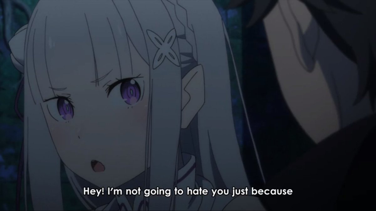 Emilia says she won't hate Subaru for his weakness because she herself is very knowledgeable of how that strength is also a mask to hide the weakness. She can't hate him for his weakness because she also hides that same weakness. Remember Melakuera saying her existence is a sin?
