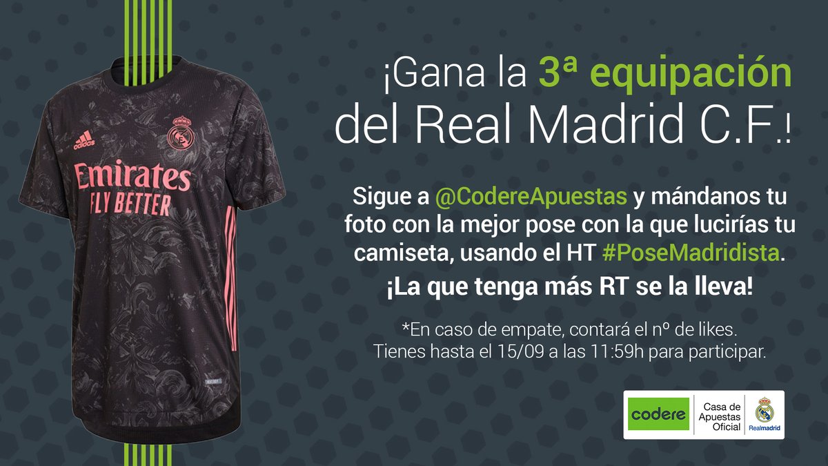 realmadrid's tweet photo. 📸 ¿Eres de los que les mola posar para la cámara? 📸
🤩👕 ¡Aprovecha que @CodereApuestas no se COMPLICA y te lo pone MUY FÁCIL para ganar la 3ra equipación del @RealMadrid! 
😃 ¡Sigue las instrucciones y mándanos tu mejor #PoseMadridista!
👉 https://t.co/cVCKWdoZ7a
#HalaMadrid https://t.co/LRhbfdigvw