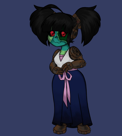 Model 3434Undead Abomination, currently Alliance aligned3434 was made by Atticus. He scavenged from dead gnomes and mechagnomes and built 3434 from parts. Currently 3434 lives with Ben, Justine, and Dan. Dan is taking 3434 into the SL, so she can get a soul.