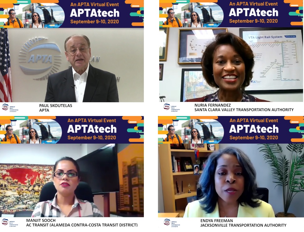 APTA_info's tweet photo. #APTAtech20 is underway! This #transit technology conference opened with remarks from APTA CEO Paul Skoutelas, APTA Chair Nuria Fernandez (@VTA), Research &amp; Technology Committee Chair Manjit Kaur Sooch (@rideact), &amp; Fare Collection Systems Committee Chair Endya Freeman (@JTAFLA). https://t.co/Ms6jqoVFcy
