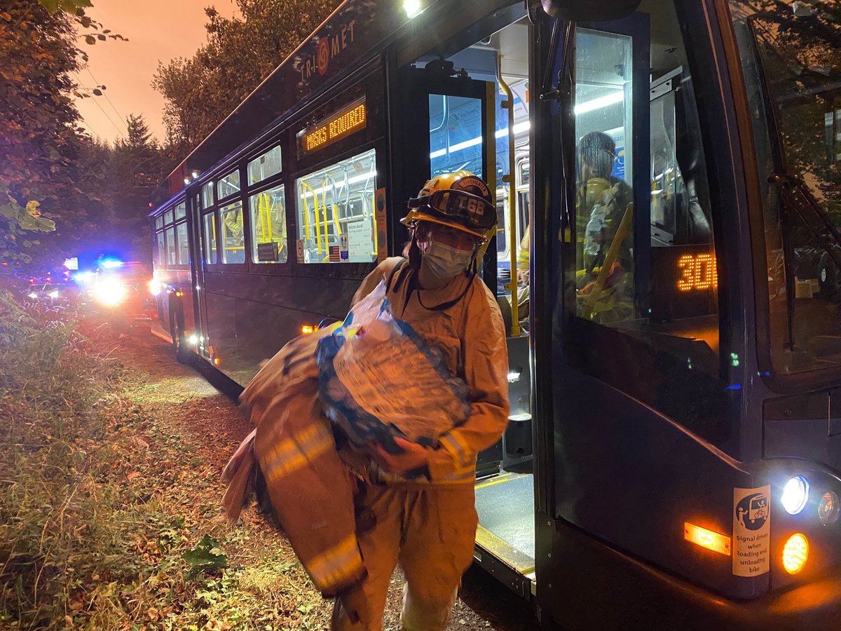 TVFR's tweet photo. We would like to thank @trimet for safely transporting relief crews to the scene of the Chehalem Mountain-Bald Peak Wildfire this morning. https://t.co/VSo5aWcK6n
