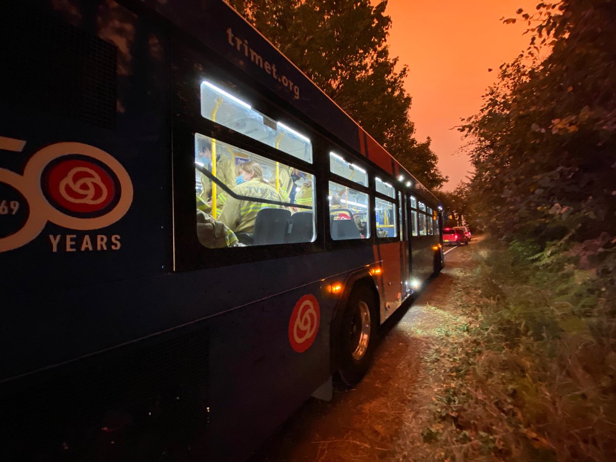 TVFR's tweet photo. We would like to thank @trimet for safely transporting relief crews to the scene of the Chehalem Mountain-Bald Peak Wildfire this morning. https://t.co/VSo5aWcK6n