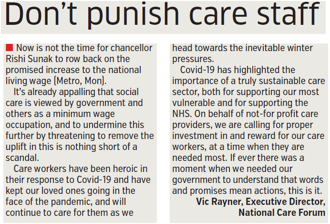 vicrayner's tweet photo. We need to ensure gov does not forget  social care workforce - they are exemplary-&amp; we need coherent &amp; funded plan 2 reward them-now and 4 the future. #rewardandrecognition #heretocare @NCFCareForum @NCF_Liz @GdnSocialCare @cmm_magazine @CareTalkMag My letter in today's @MetroUK https://t.co/YoQ01s9AjM