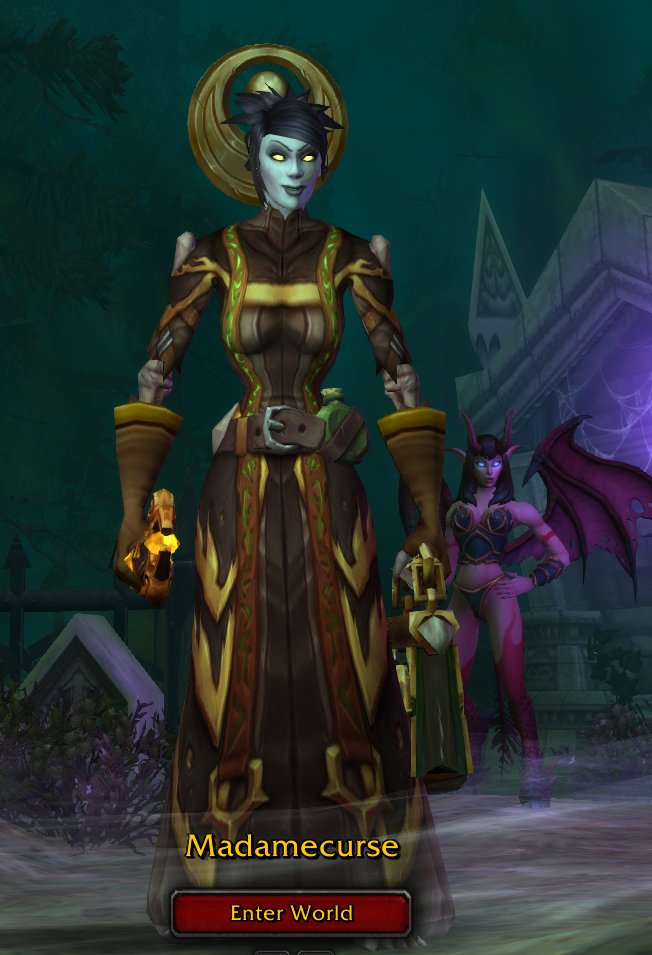 Madame CurseForsaken, loyalist but not extremistMy first ever character, had her since Vanilla, she's loyal to Sylvanas and always will be. Her heart is in the right place, but she feels she owes everything to the Dark Lady and will do what is needed to preserve the Forsaken.