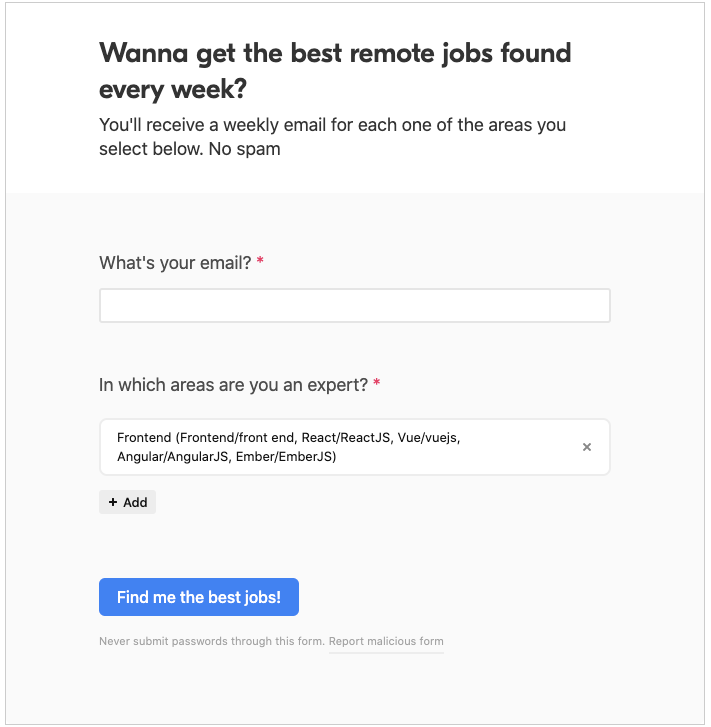 Next: Signing up to NoiceJobsI embedded a super simple, 2-field  @airtable form on each post to let people subscribe to the newslettersPeople can subscribe to multiple topics, and the one related to the post is prefilled by default to make it as frictionless as possible