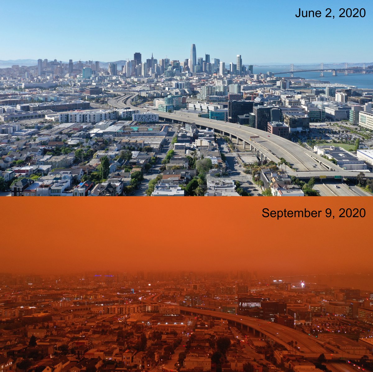gregwilsontech's tweet photo. Here's why all of your San Francisco friends are talking about it looking like the end of times this morning. Two drone shots. https://t.co/Q5bFEsJI2V