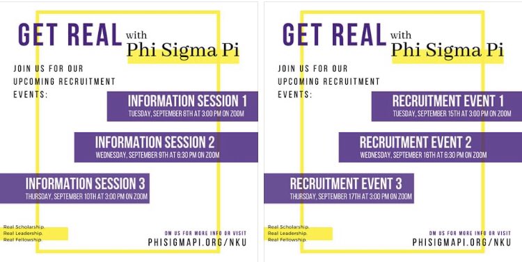 PhiSigmaPiNKU's tweet photo. The NKU Chapter of the gender-inclusive Phi Sigma Pi National Honor Fraternity invites you to attend one of our Info Sessions and our Recruitment Events on Zoom! Learn more about our tripod of ideals at any of our events! RSVP at https://t.co/6Gs9YmKXLP #pspep #phisigmapi #nku https://t.co/RiFKi5yXnm