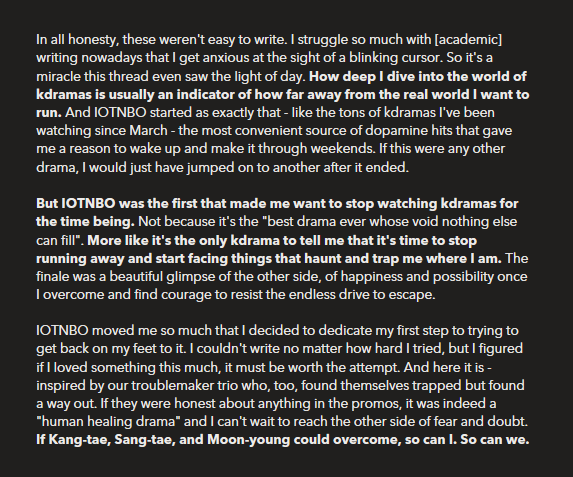 #8 IOTNBO and the battle to face my own I'm a Masters student with only a thesis between me and my degree; but it's been months since I wrote a word.But IOTNBO inspired me to take the first step in my own process of overcoming. If the Moon trio can, so can we. Fighting!