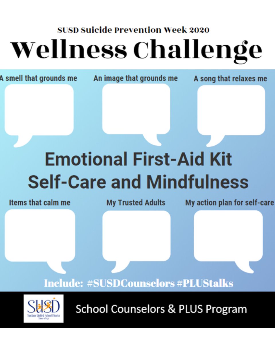 StocktonUnified's tweet photo. This week is National Suicide Prevention Week. Today’s Wellness Challenge: Create an Emotional First-aid Kit and post it using #SUSDCounselors and #PLUSTalks!
Reach out for help and practice self-care. There are many resources available to help, including your school counselor. https://t.co/gKtqCMmZuU