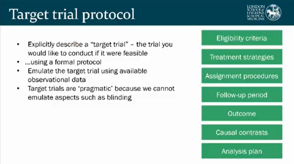 1/n Saw three fab talks today at  #RSSConf2020 on target trial emulation. A summary thread  Target trial emulation involves specifying a target trial (i.e. ideal RCT) and emulating this as best as possible using observational dataSlide by  @RuthHKeogh
