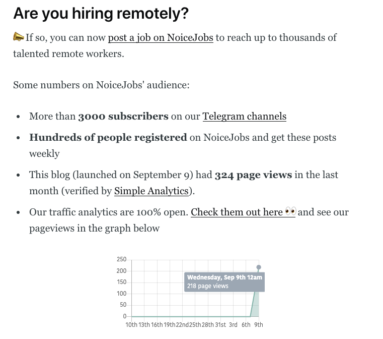Now one of the coolest ones, especially for companies posting jobs on NoiceJobs: 100% open analytics, updated in real-time on each one of the postsWhen you refresh the page, the view count will also update!Powered by  @AdriaanvRossum's  @SimpleAnalytic 