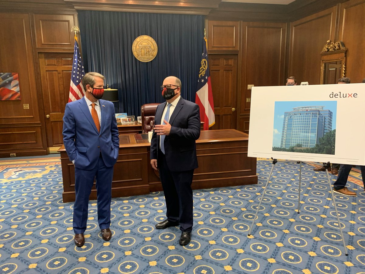 Deluxe's tweet photo. Deluxe President and CEO Barry McCarthy joined Georgia Governor Brian Kemp in his office at the Capitol today to announce a beautiful new facility for Atlanta-area employees in nearby Sandy Springs. Read more here: https://t.co/JkrxvQWzaj https://t.co/d2ExD9pRU8