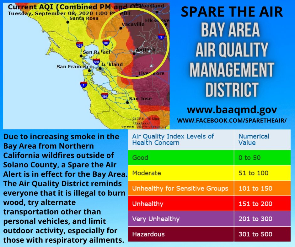 SolanoOES's tweet photo. There are NO new wildfires burning in Solano County, however, we are receiving significant amounts of drift smoke from fires burning throughout Northern California. Our air quality will be impacted for awhile. #SolanoStrong #AirQuality https://t.co/ZGcgix8HD0