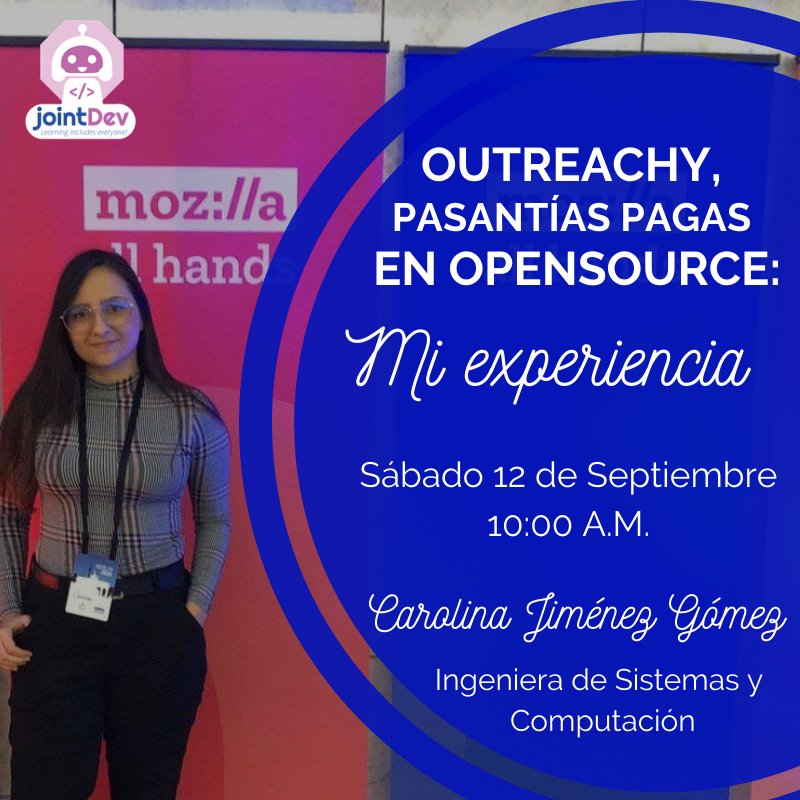<a href="/carojimenez26_/">Carolina</a> Nos hablará de toda su experiencia cuando realizó la pasantía en Opensource en <a href="/outreachy/">Outreachy Internships</a>
Sábado 12 de septiembre 10 A. M. Hora Colombia. 
En directo por YouTube: youtube.com/watch?v=D2sum3…