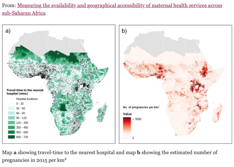 AleDemogr's tweet photo. Why is subnational resolution is so important? Maps depicting travel-time to nearest hospital and the 2015 pregnancies per km2 from https://t.co/cSusDHy8cM https://t.co/mxaMSEOpKH