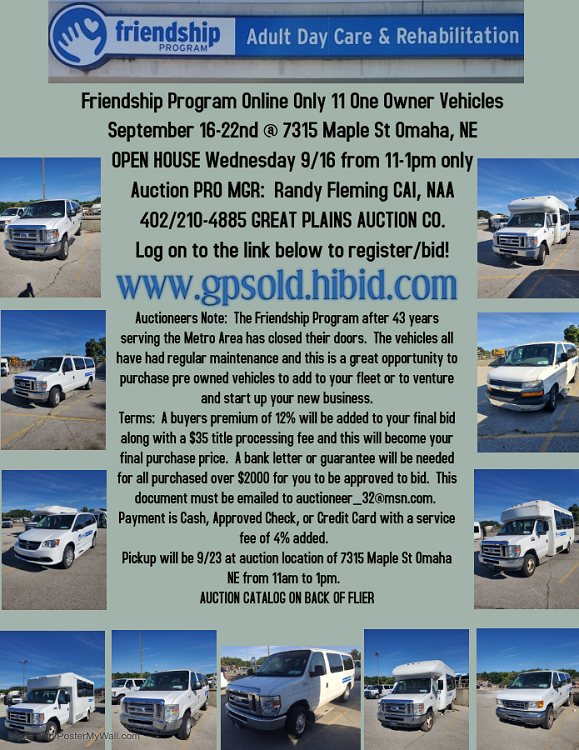 TheRealFPOmaha's tweet photo. Friendship Program, Inc. is auctioning 11 fleet vehicles. 

Open house to view the vehicles will be next Wednesday, September 16, from 11:00 a.m. to 1:00 p.m.

Auction will be ONLINE ONLY September 16 - 22 and will close at 5 pm CST. 

To learn more, go to https://t.co/GP6nVh3zvk https://t.co/EsFypPOoMN