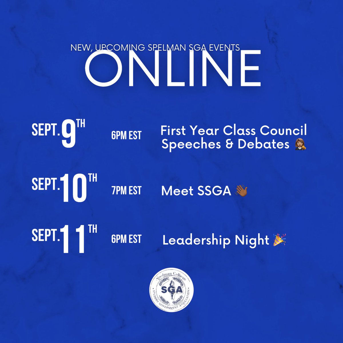 SpelmanSGA's tweet photo. Drop a โ๐๐พโ in the comments if youโll be tuning in to any one of these virtual events!
Check your student email for the link to access them! ๐
#Redefined79 #StudentsLikeYou https://t.co/4Fzgrrqgfm