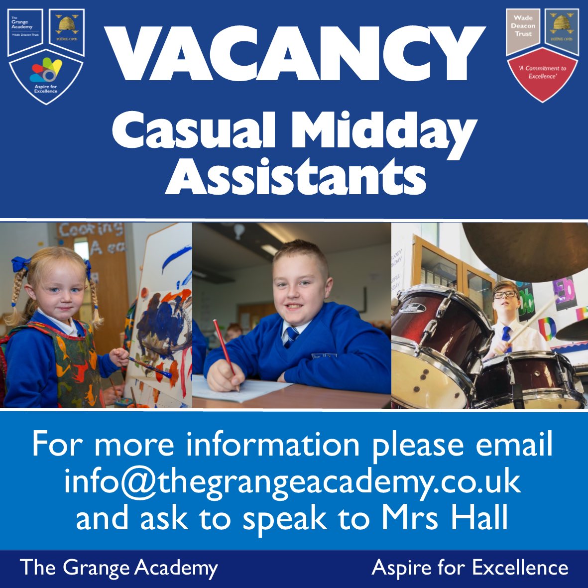 Grange_School's tweet photo. We are currently looking to employ casual midday assistants to support at lunchtimes. If you would like further information about the position, then please email info@thegrangeacademy.co.uk and ask to speak to Mrs Hall. #vacancy #middayassistant https://t.co/4QoGrHCFzt