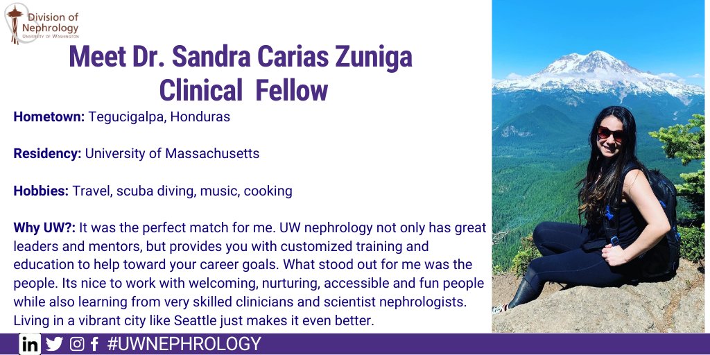 UWNephrology's tweet photo. Meet our 2nd year clinical fellow, Dr. Sandra Carias Zuniga sharing why she chose #UWNephrology Fellowship Program🏔️
 
#FellowSpotlight  #Nephfellows #Nephtwitter 
@UWMedicine @UWGME @nwkidney @KidneyResInst @womeninnephro https://t.co/w03rCSwbcE