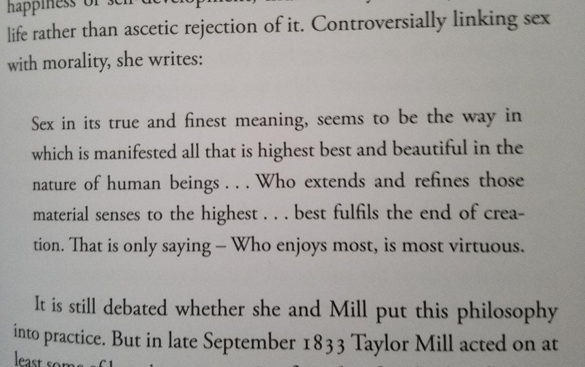 Harriet Taylor Mill:Below is a passage of hers on sex. And a picture of John Stuart Mill, her lover. The most shocking revelation in this whole book for me was that apparently our boy J.S. Mill could get it done.