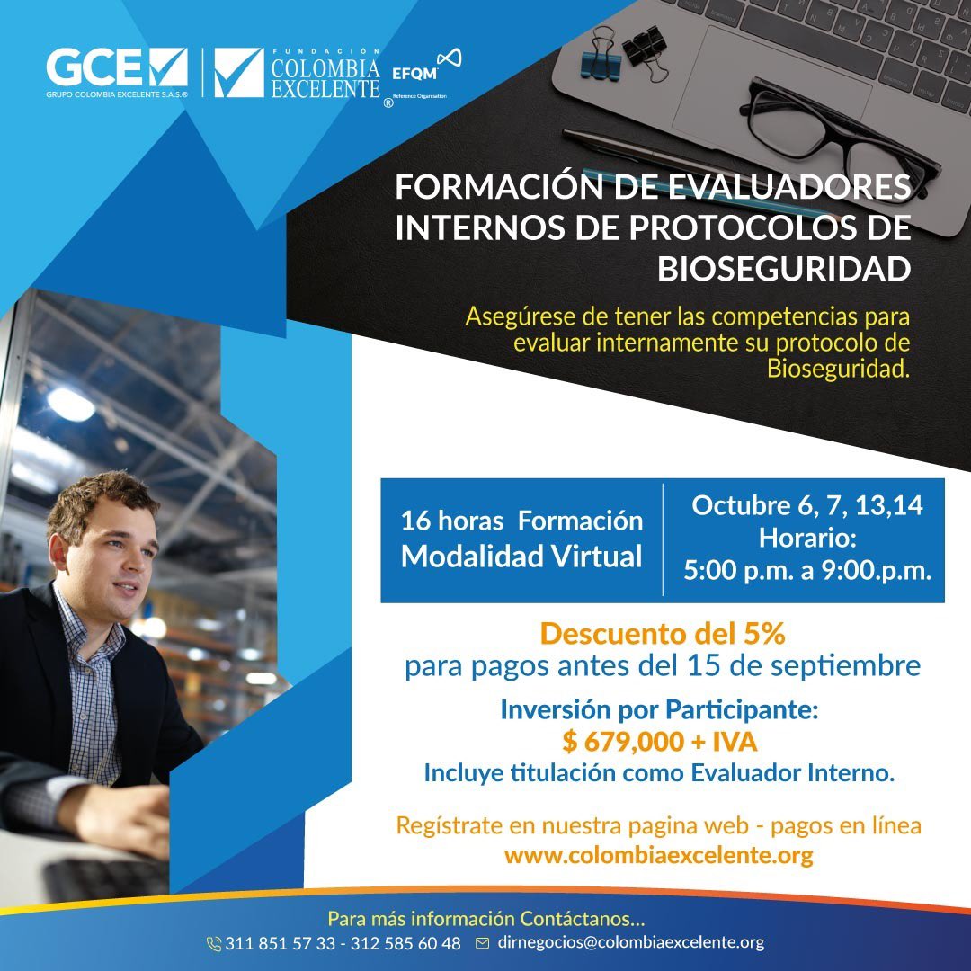 EFQM_Colombia's tweet photo. ¡Formación de evaluadores internos de protocolos de bioseguridad! 🙌🏻 Asegúrese de tener las competencias para evaluar internamente su protocolo de Bioseguridad. Más información: 📞 311 851 57 33 - 312 585 60 48 o al correo electrónico: dirnegocios@colombiaexcelente.org https://t.co/eBdEvbhdP8